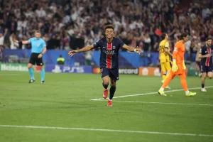 alt= Le parcours du PSG en Ligue des champions est fantastique à l'image de Doué étincellant en finale. 
