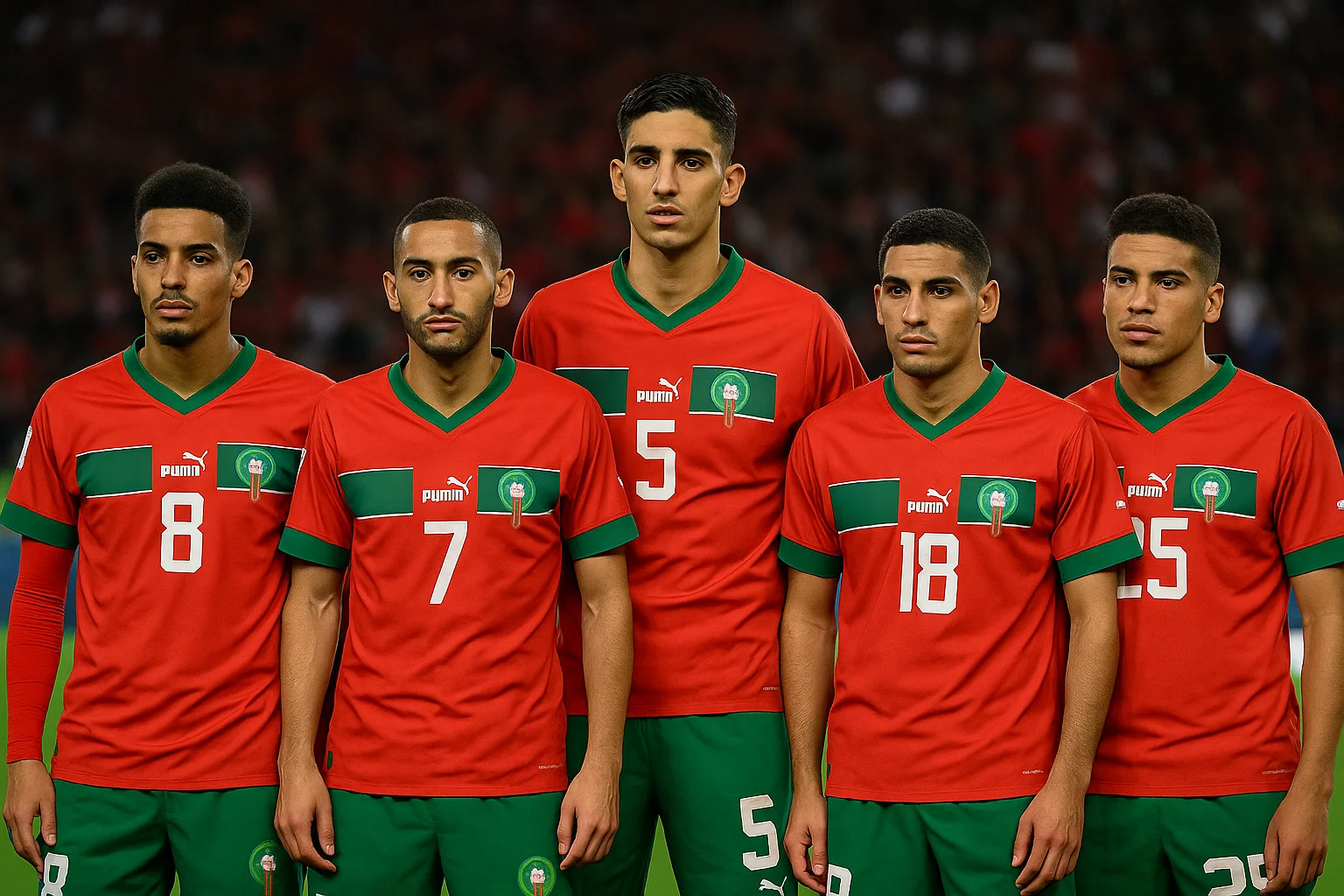 alt="Ziyech, Aguerd, Ounahi, El Yamiq et Abqar en maillot du Maroc devant des tribunes pleines"