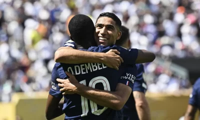 Hakimi et Dembélé célbrant le large succès du PSG face au Real Madrid en demi-finale de la Coupe du monde.