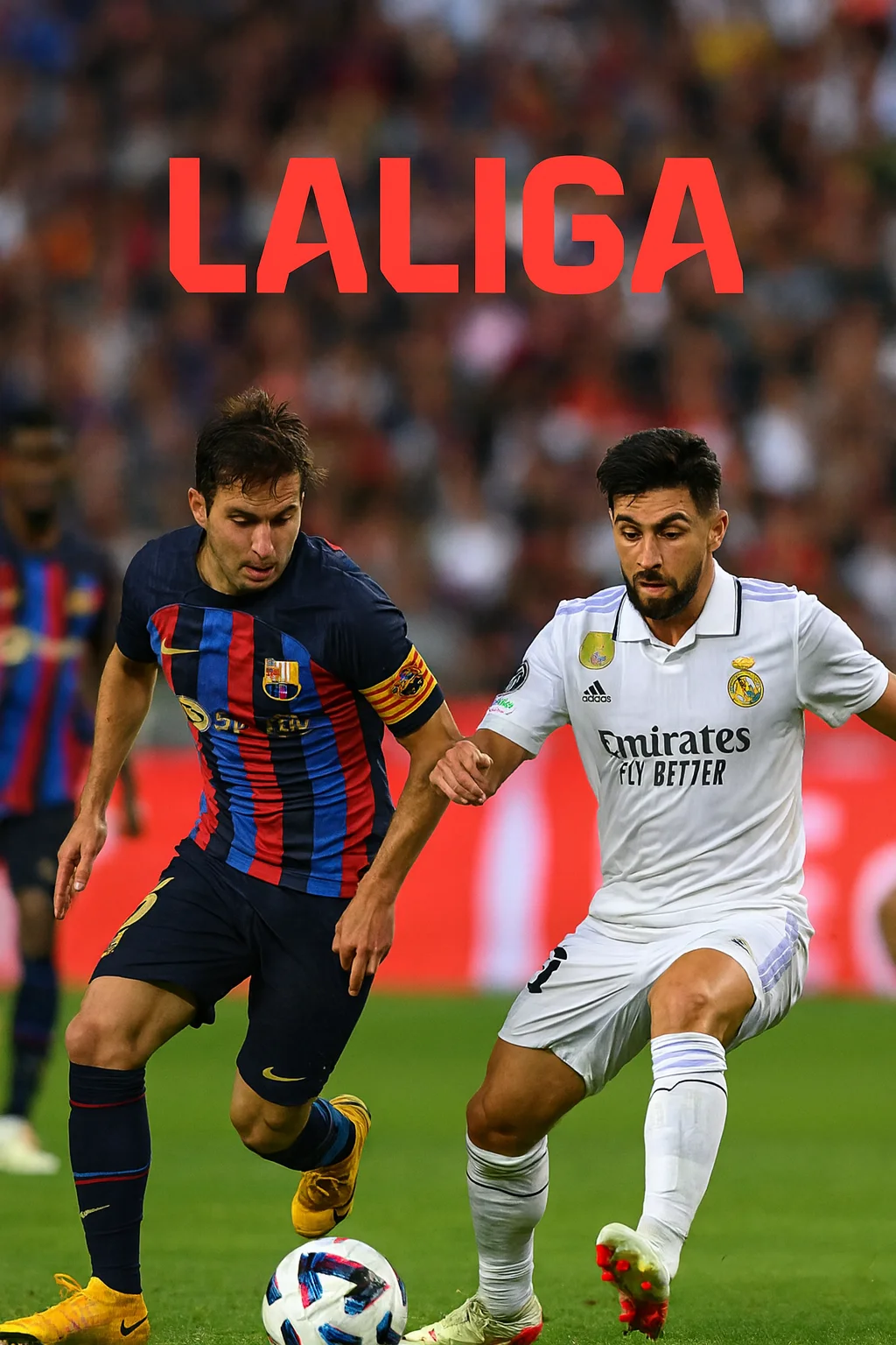 alt="Phase de jeu intense entre un joueur du FC Barcelone et un joueur du Real Madrid lors d’un match de LaLiga, avec le nouveau logo officiel de la compétition en arrière-plan"