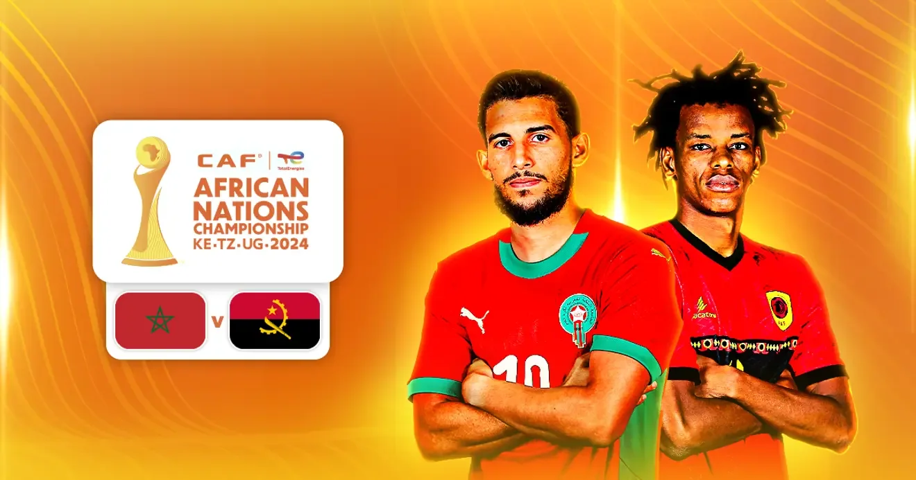 Affiche du duel Maroc - Angola au CHAN 2025 prévu ce dimanche avec des joueurs des deux équipes.