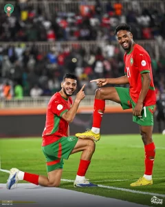 alt)= Maroc bat la Zambie 3-1. Oussama Lamlioui et Youssef Mehri célébrant le 2e but Marocain. 