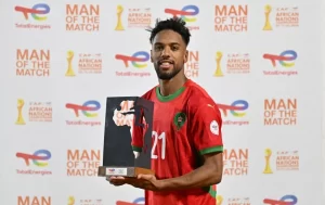 alt= Youssef Mehri meilleur joueur Maroc Zambie au CHAN 2024.