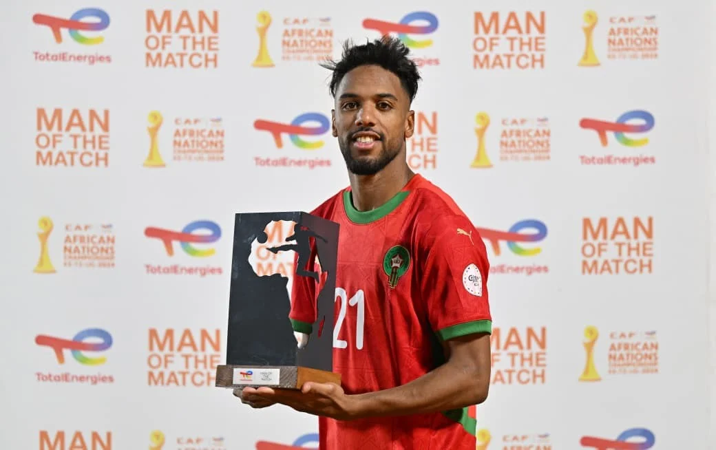 alt= Youssef Mehri meilleur joueur Maroc Zambie au CHAN 2024.