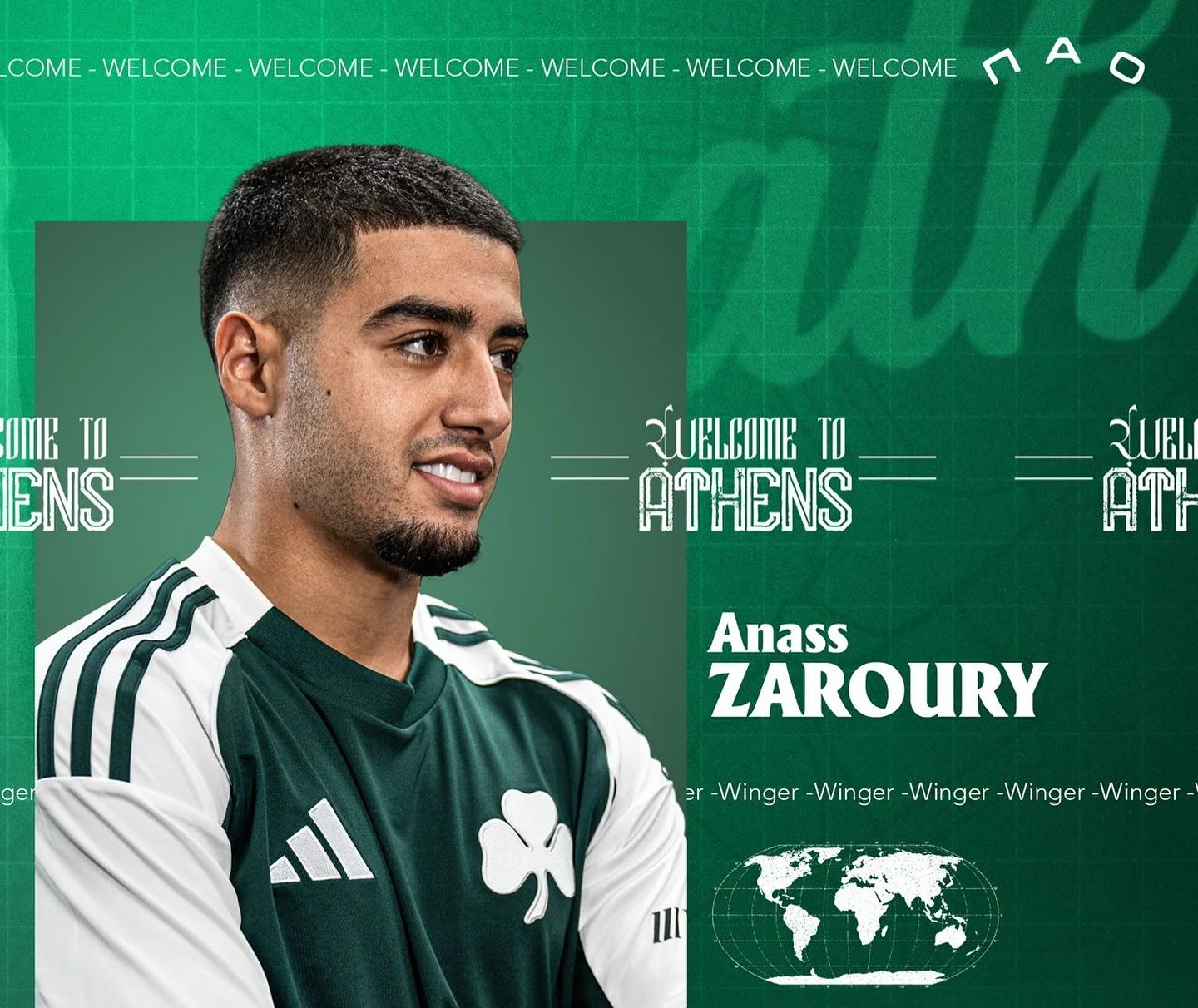 alt="Anass Zaroury en maillot du Panathinaïkos après son transfert depuis le RC Lens"