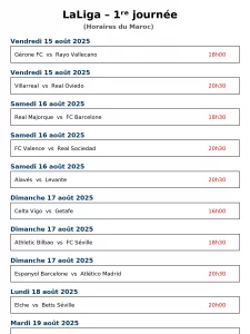 alt= LaLiga 2025-2026. Les matchs de la première journée. 