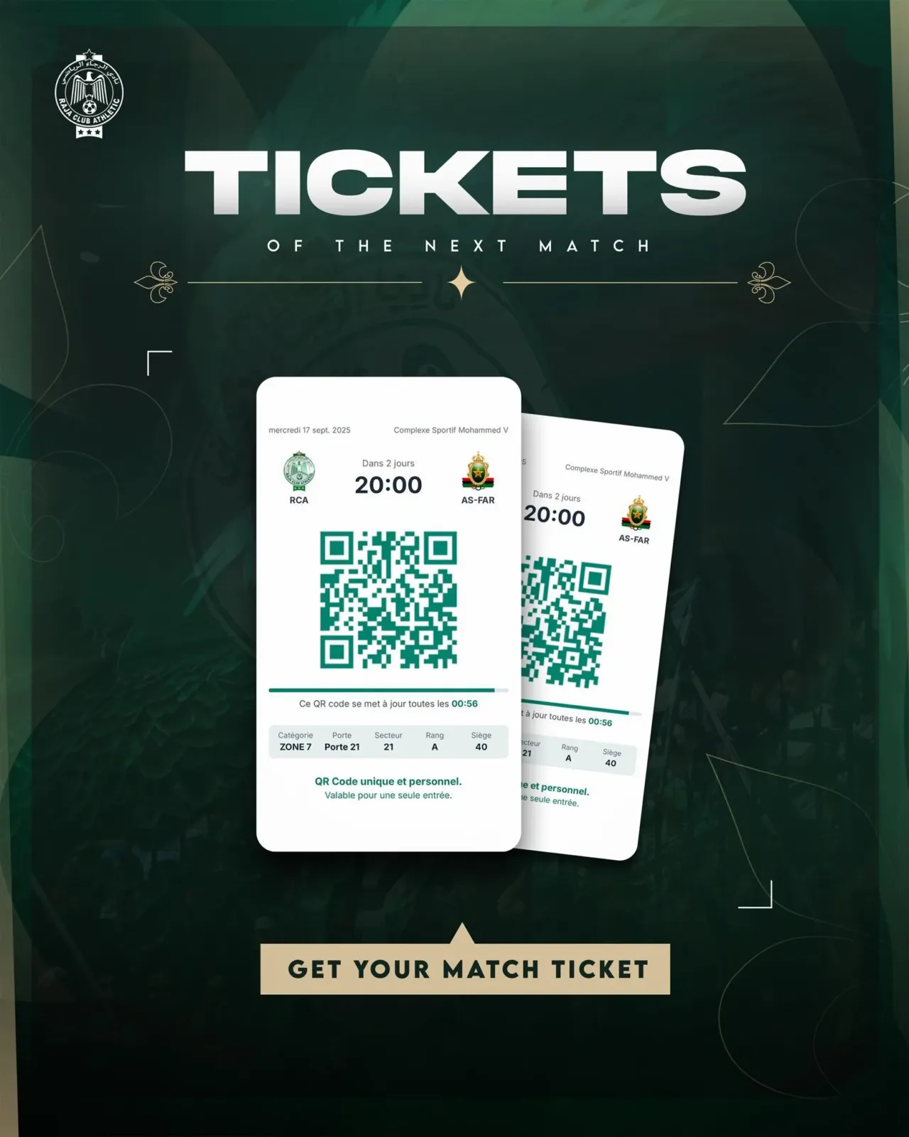 Billets Raja vs ASFAR : les prix des billets Raja-AS FAR débutent à 60 DH
