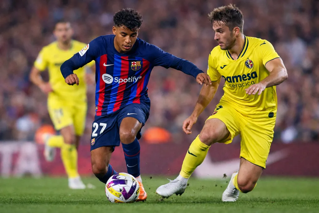 ALT= Lamine Yamal a inscrit un triplé historique contre Villaréal en Liga face à Villareal. 