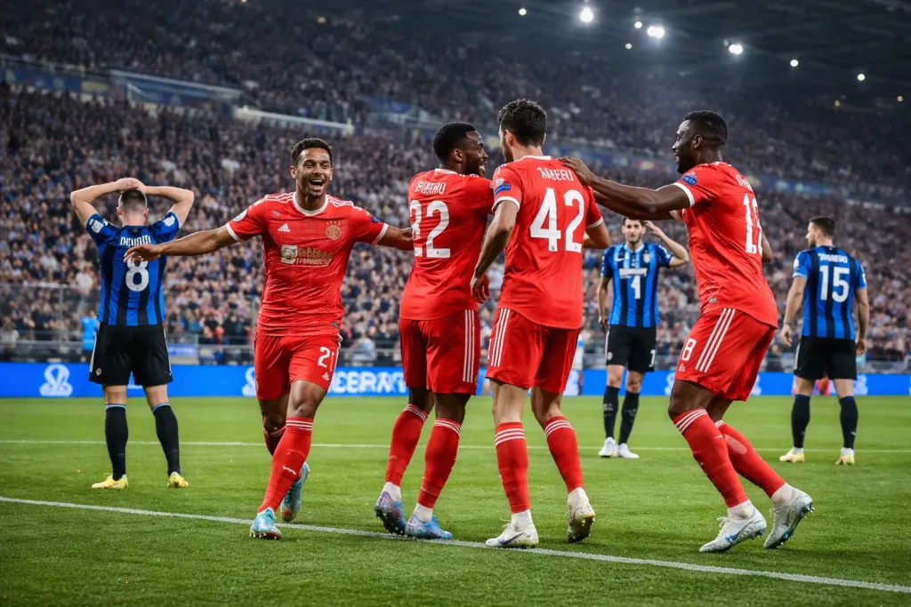 ALT= Atalanta – Bayern Munich : les joueurs du Bayern célèbrent un but lors du large succès 6-1 en Ligue des champions à Bergame