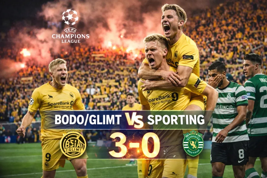 alt= Bodo/Glimt – Sporting Lisbonne : les joueurs norvégiens célèbrent un but lors de la victoire 3-0 en huitième de finale aller de la Ligue des champions