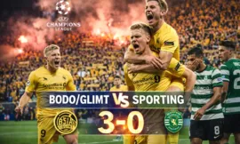 alt= Bodo/Glimt – Sporting Lisbonne : les joueurs norvégiens célèbrent un but lors de la victoire 3-0 en huitième de finale aller de la Ligue des champions