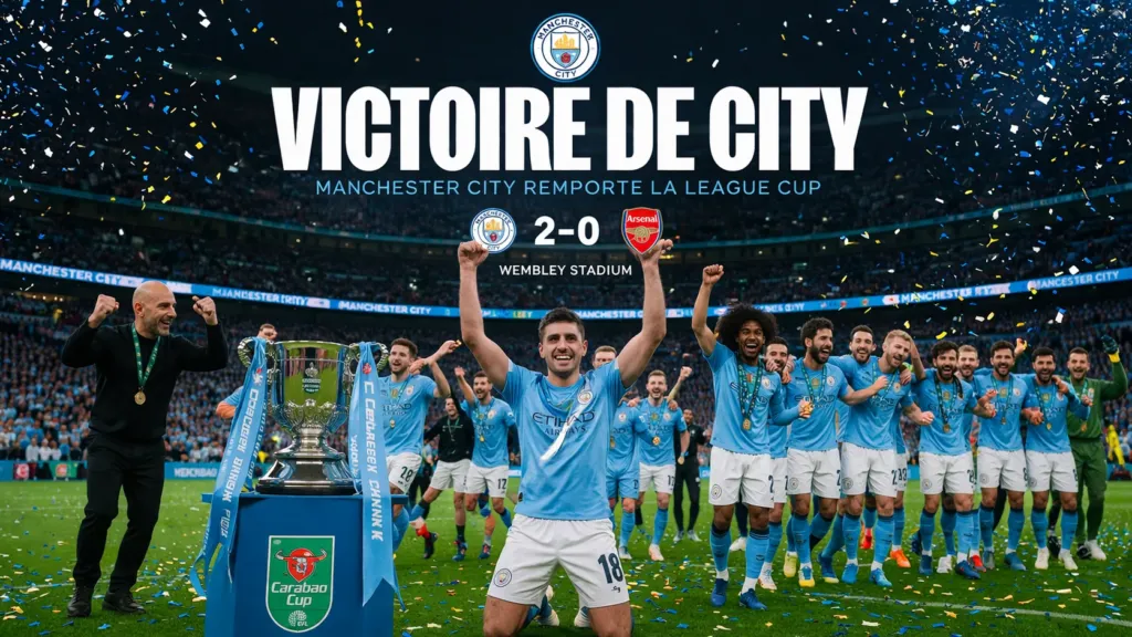 alt= Les joueurs de Manchester City célébrant leur victoire face à Arsenal en League Cup.