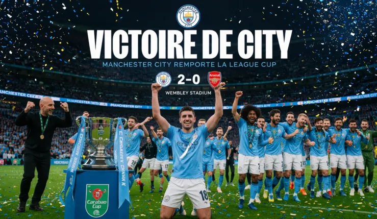alt= Les joueurs de Manchester City célébrant leur victoire face à Arsenal en League Cup.
