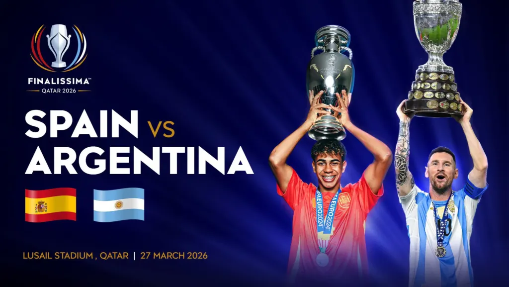 Affiche de la Finalissima Espagne vs Argentine avec Lamine Yamal et Lionel Messi brandissant leurs trophées.
