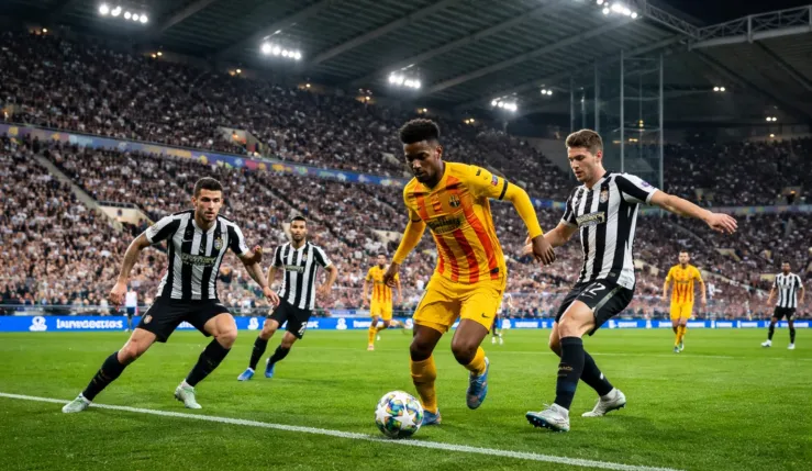 Alt= Newcastle – Barça à St James’ Park : duel entre un joueur du FC Barcelone et des défenseurs de Newcastle en Ligue des champions.