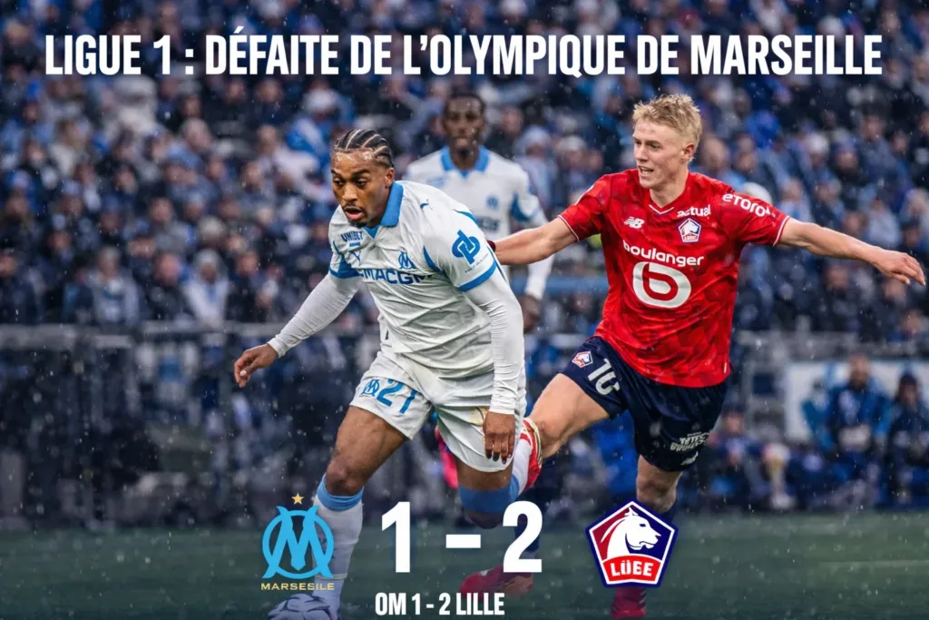 alt= Coup d'arrêt pour l'OM en Ligue 1 battu par Lille (1-2).