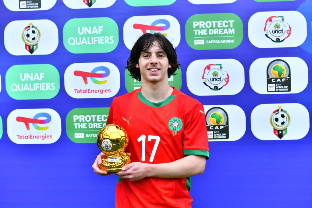 Alt= Ibrahim Rabbaj élu homme du match Maroc-Tunisie U17. 