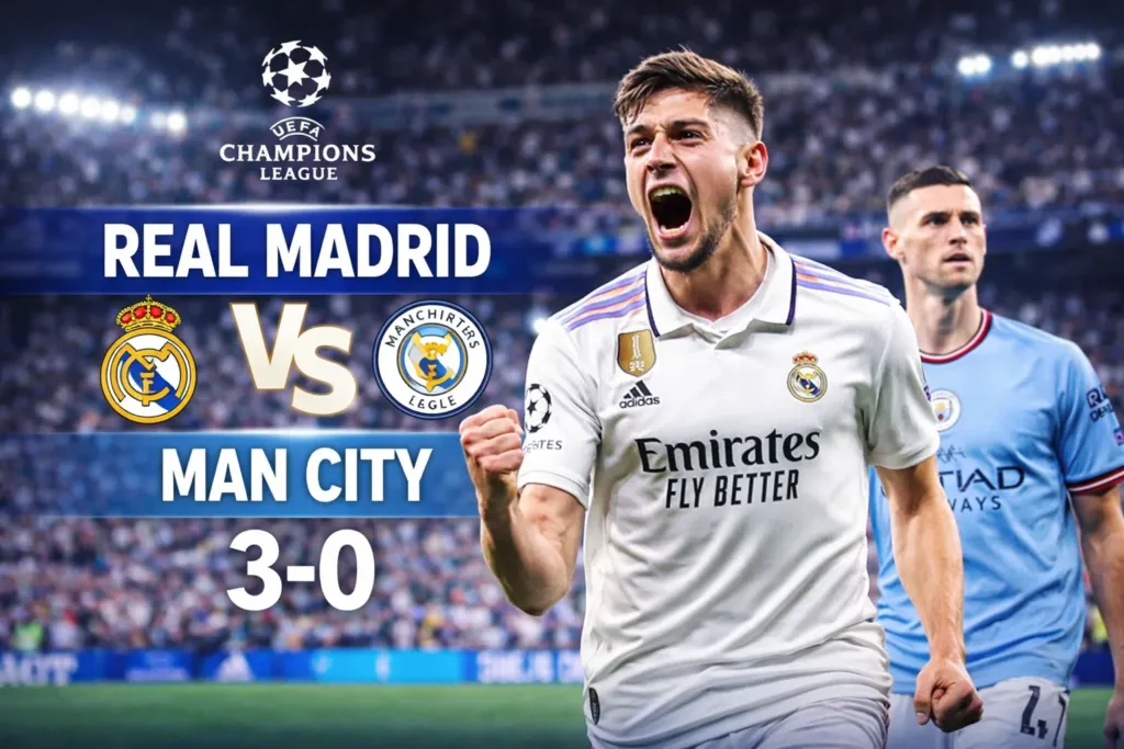 Alt= Real Madrid – Manchester City : Federico Valverde célèbre son triplé lors de la victoire 3-0 du Real Madrid en Ligue des champions au Santiago Bernabéu