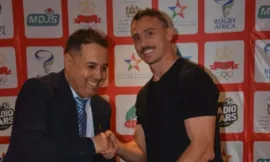 Alt= Hicham Oubaja, président de la FRMR et Juan José, entraîneur de l'équipe nationale de Rugby à sept.