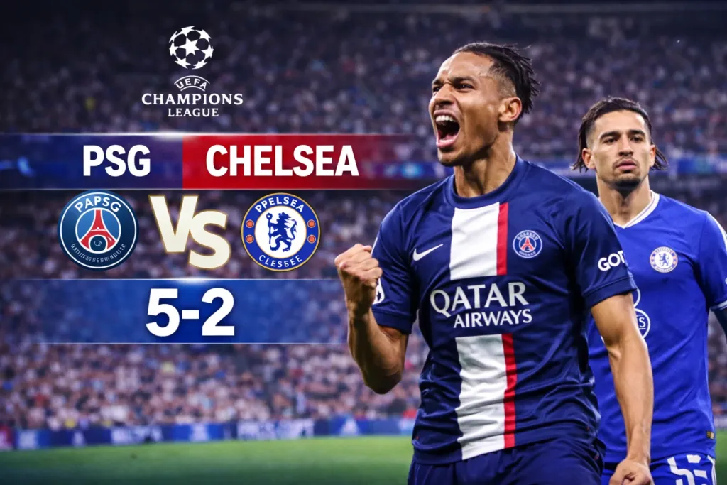 alt= PSG – Chelsea : les joueurs du Paris Saint-Germain célèbrent un but lors de la victoire 5-2 face aux Blues en Ligue des champions