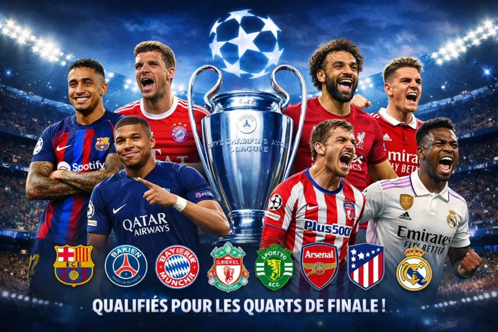 Alt= les huit équipes qualifiées en quart de finale de la Ligue des champions UEFA.