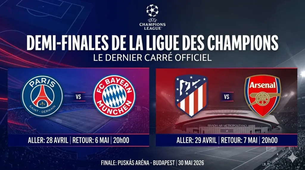 Alt= PSG - Bayern et Atletico - Arsenal en demi-finale de la Ligue des Champions UEFA 2025-2026.