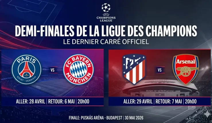 Alt= PSG - Bayern et Atletico - Arsenal en demi-finale de la Ligue des Champions UEFA 2025-2026.