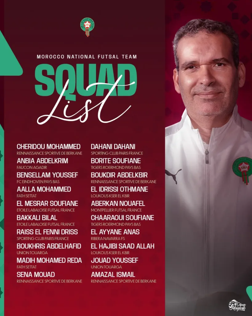 Alt= La Liste de 20 joueurs convoqués par le sélectionneur national de futsal, Hicham Dguig, pour le tournoi international de Berkane. 