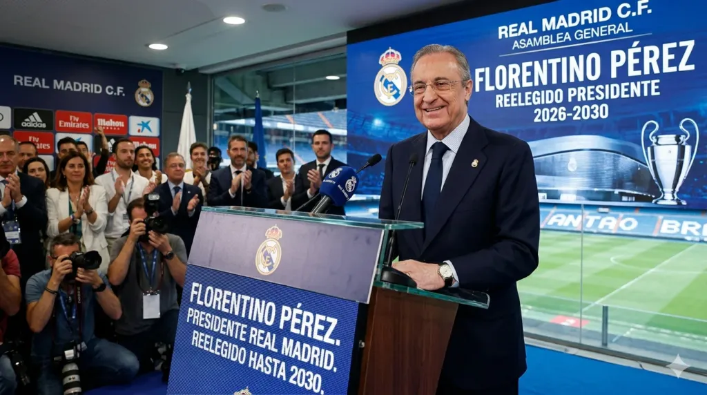 alt= Florentino Pérez réélu président du Real Madrid jusqu'en 20230. Image générée par l'IA.