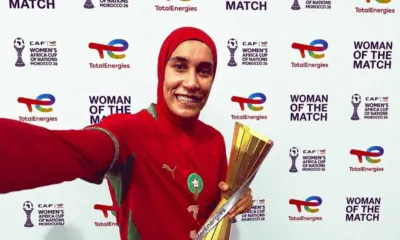 Alt= Nouhaila Benzina élue MVP Maroc - Afrique du Sud en quart de finale de la CAN féminine (2-1) en faveur des Lionnes de l'Atlas.