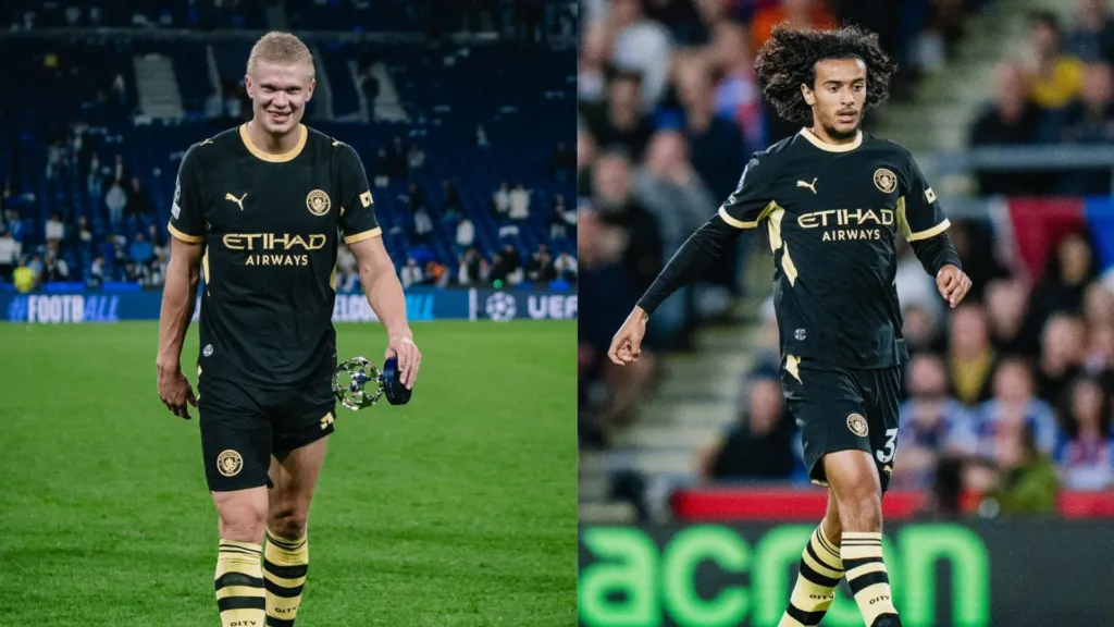 Alt= Erling Haaland sous le charme d'Ayyoub Bouaddi.